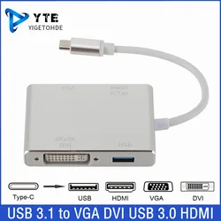 4 in 1 4k USB 3.1 TYPE C to VGA DVI USB 3.0 HDMI-compatible Adapter Cable For Laptop Projector Projector USB C HUB Splitter