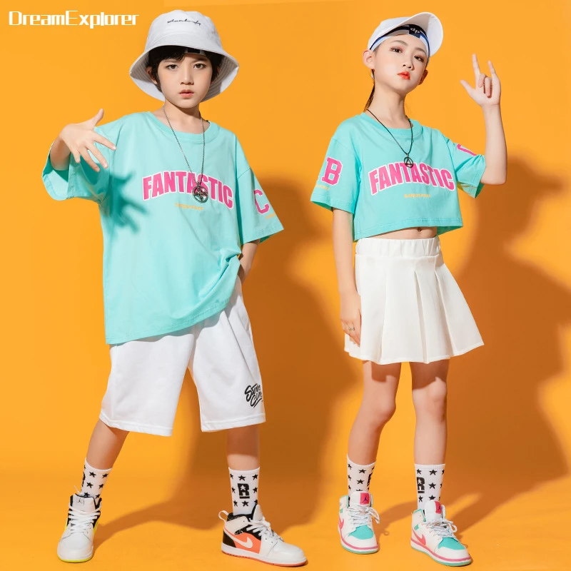 Boys Street Dance Blue T-shirt Shorts Girls Hip Hop Crop Top Skirt Outfits Kids Summer Costume Clothes Sets Children Streetwear