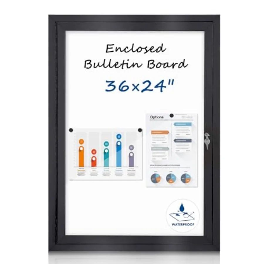 

Уличная доска объявлений 36x24 дюйма, всепогодная, закрытая, с запирающейся дверцей, магнитная белая доска, черный алюминий