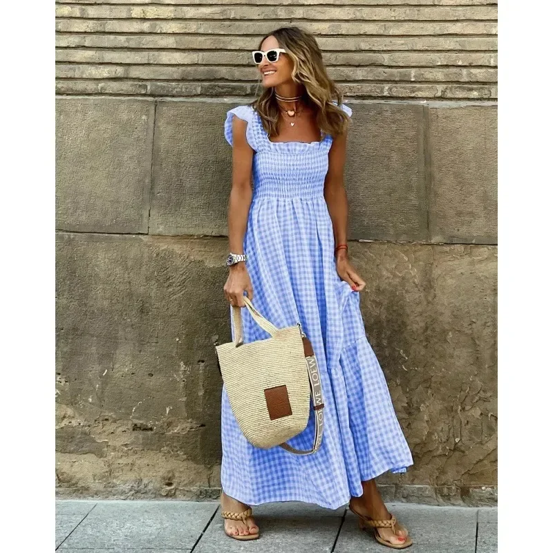Elegantes kariertes Slip-Maxi-langes Kleid für den Sommer, trägerlos, Rüschen, rückenfrei, plissiert, elastische Taille, Boho-Party, Swing, lose Kleider