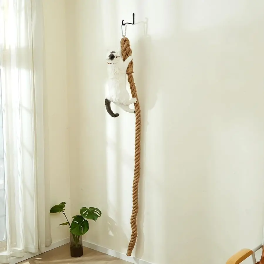 SHENGOCASE Cuerda de yute para escalar gatos de 1,9" x 6,56 pies con gancho, muebles montados en la pared para gatos de interior y exterior, poste de escalada (6,56