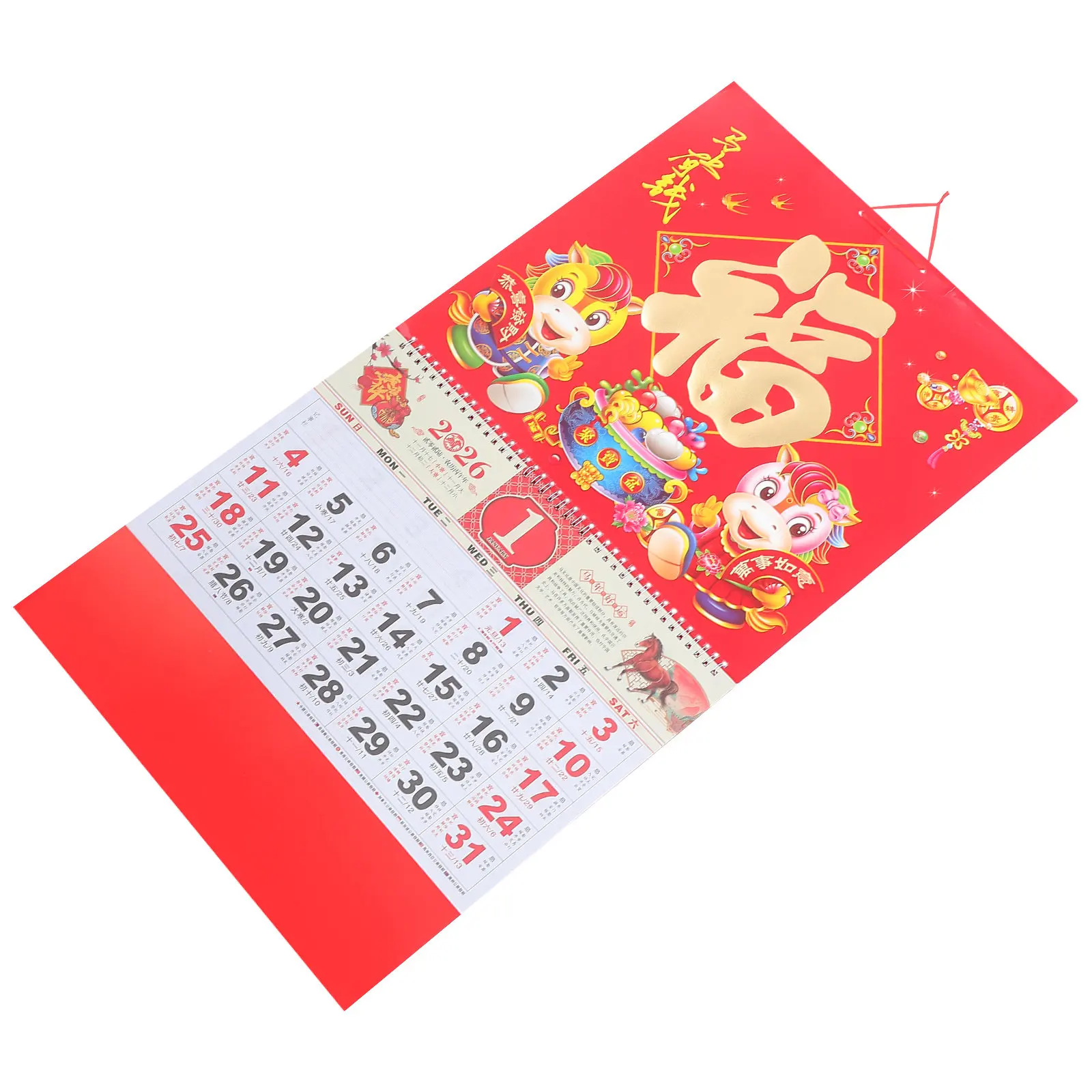 

Chinese Lunar Calendar Year of Horse Vintage Wall Hanging Calendar Gold Foil Fu Charm Daily Planner Home Office New Year Decor
