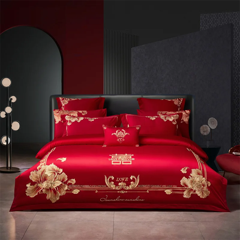 

Golden Flowers Embroidery Bedding Sets Luxury Chinese Wedding Red Egyptian Cotton Duvet Cover Bed Sheet Linen Pillowcases