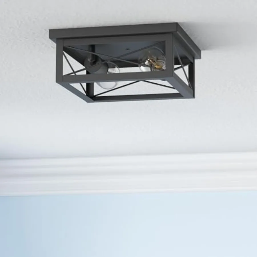 2-Light Industrial Square Flush Mount Ceiling Light, Farmhouse Ceiling Light Fixture for Kitchen, Modern Close to Ceiling Light view 3
