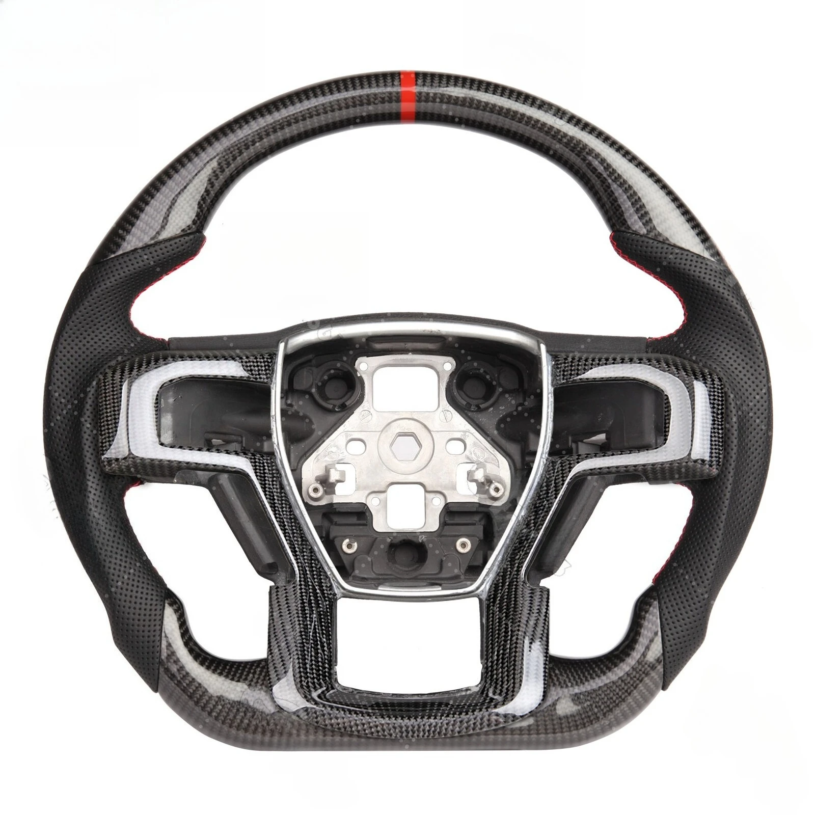Real Carbon Fiber Heated Steering Wheel with Carbon Fiber Trim Fit for Ford F150 Raptor 2015-2020 Flat Bottom Red Stitching