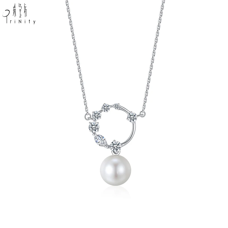 

New Products Fashion Jewelry Art Deco Design 18K White Gold Diamond Pearl Pendant Necklace for women