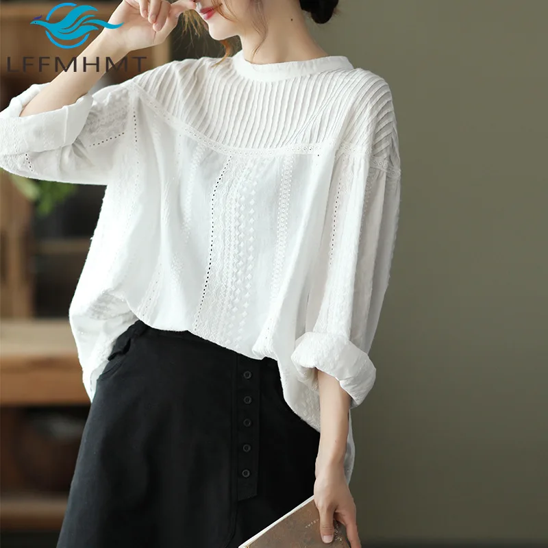 

Spring Chic Solid Color Cotton Button-Up Women's Shirt Artistic Vintage Sweet Lace Hollow Accordion Pleats Loose Pullover Blouse