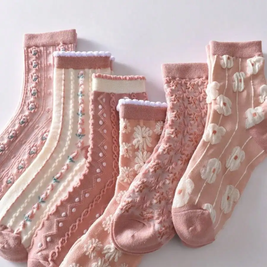 5 Pairs Printed Bubble Mouth Women Round Neck Socks Fashionable Three-Dimensional Printing Design Soft Lightweight Casual Socks