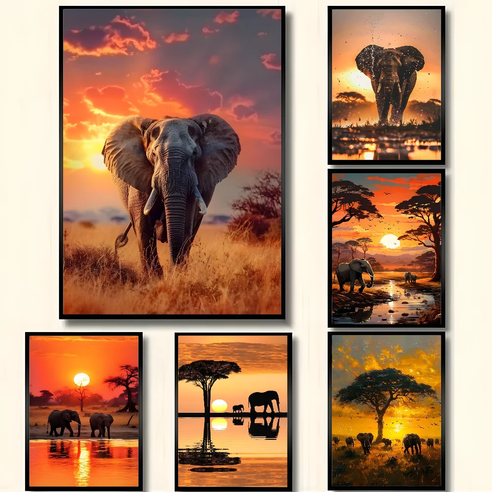 

Vintage Elephants Sunset Landscape Wild Elephant Animal Art Poster HD art sticky wall waterproof home living room bedroom bar ae