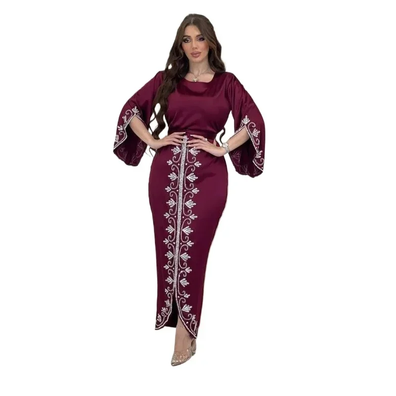 

Elegant Satin Evening Gown Muslim Dress Women Abaya Long Sleeve Turkish Dresses Stylish Diamond Women Maxi Dress Dubai Kaftan