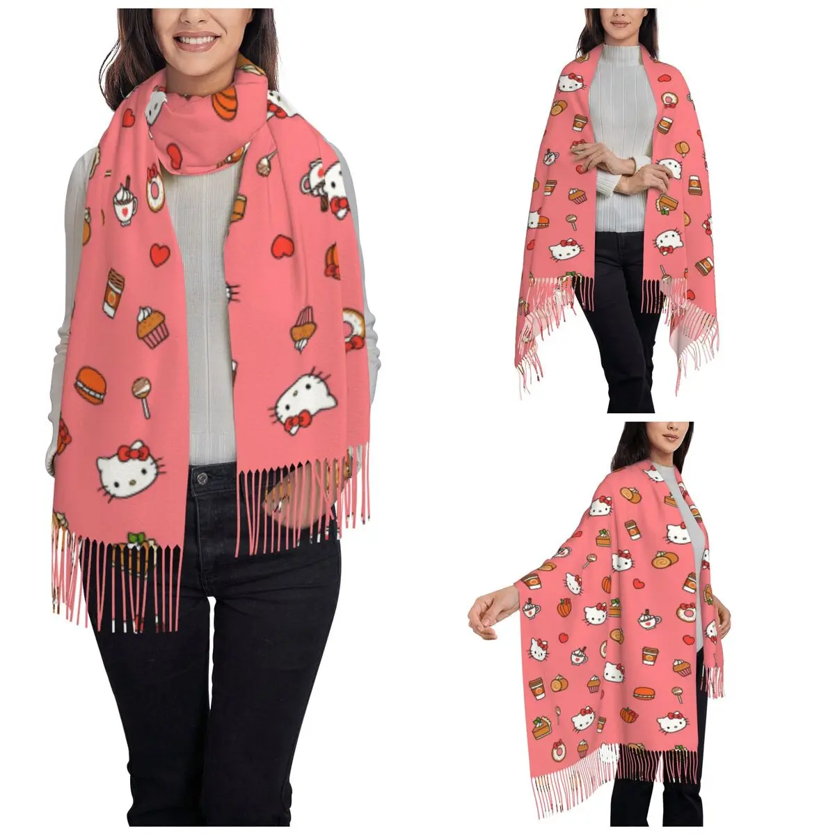 Hello Kitty Pumpkin Cake Shawls Wraps for Women Winter Warm Long Soft Scarf Cartoon Cute Pashminas Tassel Scarves