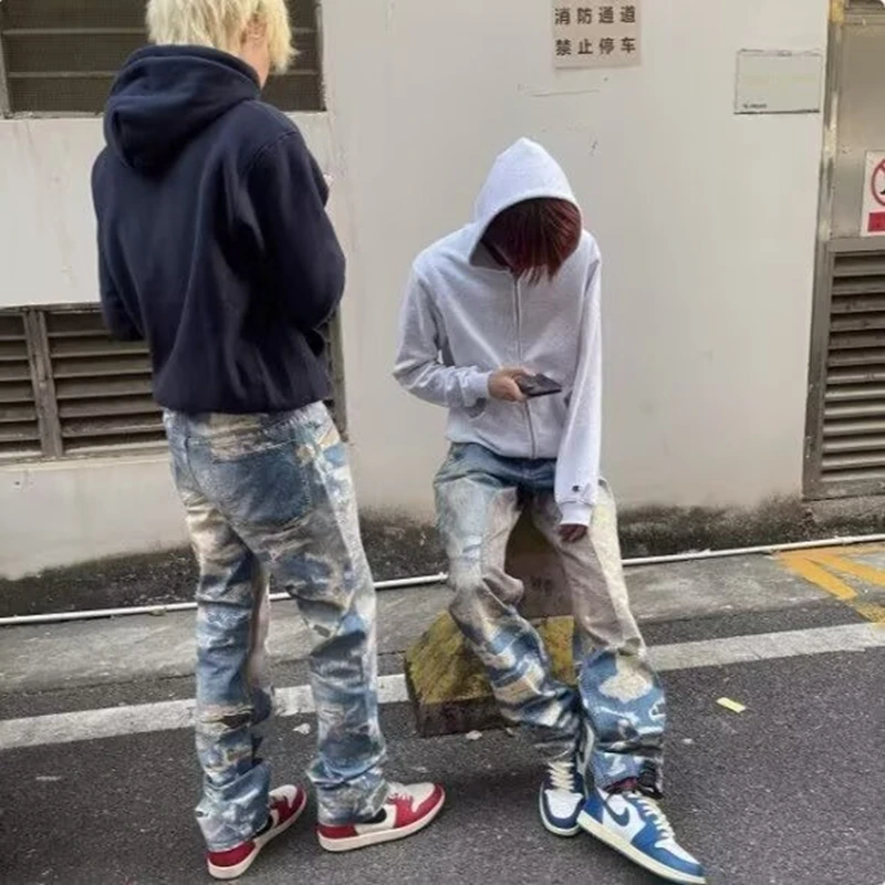 Blue Jeans Men Hollow Out Fashion Y2K High Waist American Wide Leg Pants Streetwear Pants Winter Straight Trousers