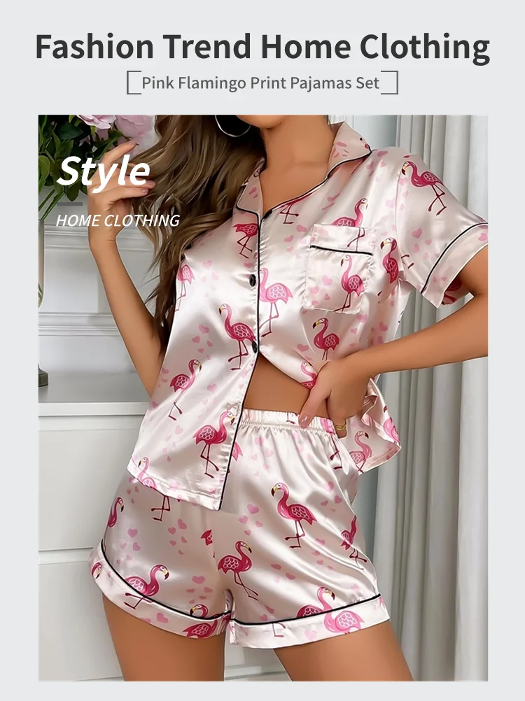 Damen-Pyjama-Set, Herz-Druck, Satin-Pyjama, lässig, kurzärmelig, Reverskragen, Oberteile und Hosen, Nachtwäsche und Loungewear für Erwachsene – Detail 1