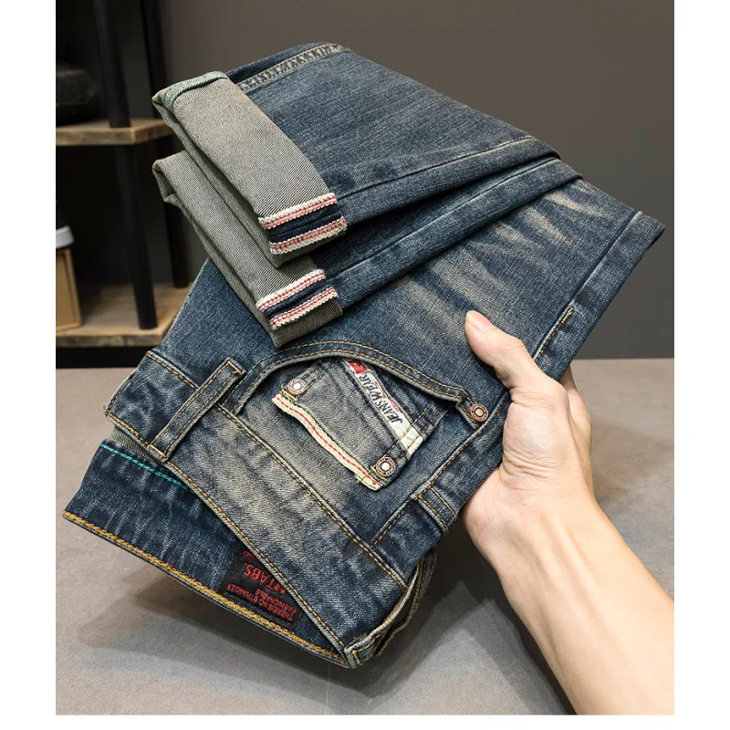 Jeans masculino lavado com tudo que combina, calça lápis inteligente, tendência casual, rua alta, azul