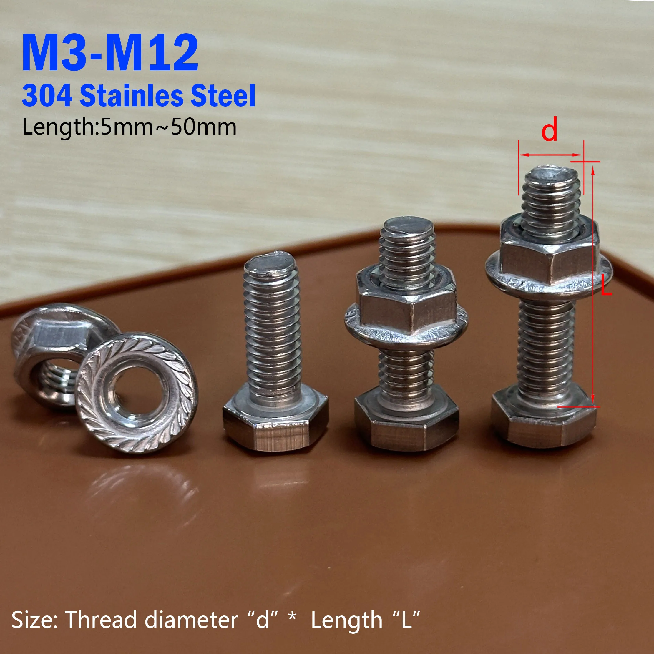 M3 M4 M5 M6 M8M10 M12 304 Stainless Steel DIN933 External Hex Screw Outer Hexagon Head Bolt Nuts Set Length 5-50mm