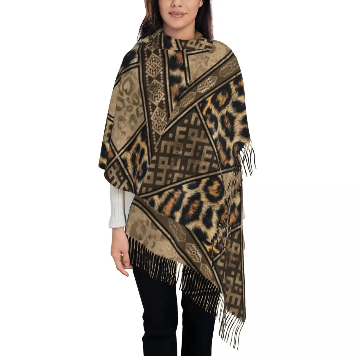 Leopard Fur With Ethnic Ornaments Shawls Wraps Womens Warm Large Soft Scarf Brown Animal Leopard Pattern Pashmina Tassel Scarves