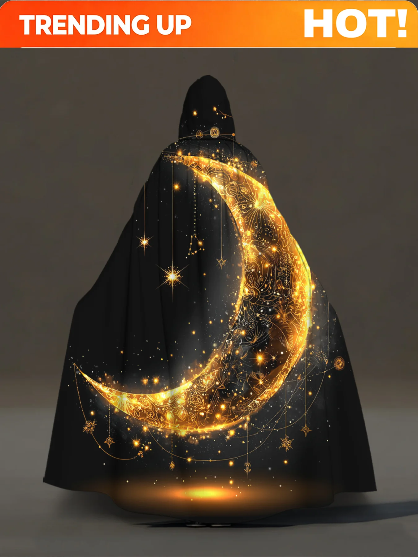 Customization 1pc 2D Flat Ramadan Golden Crescent Moon Pattern Robe | Hooded Cape For Cosplay, Halloween, Carnival, Masquerades,