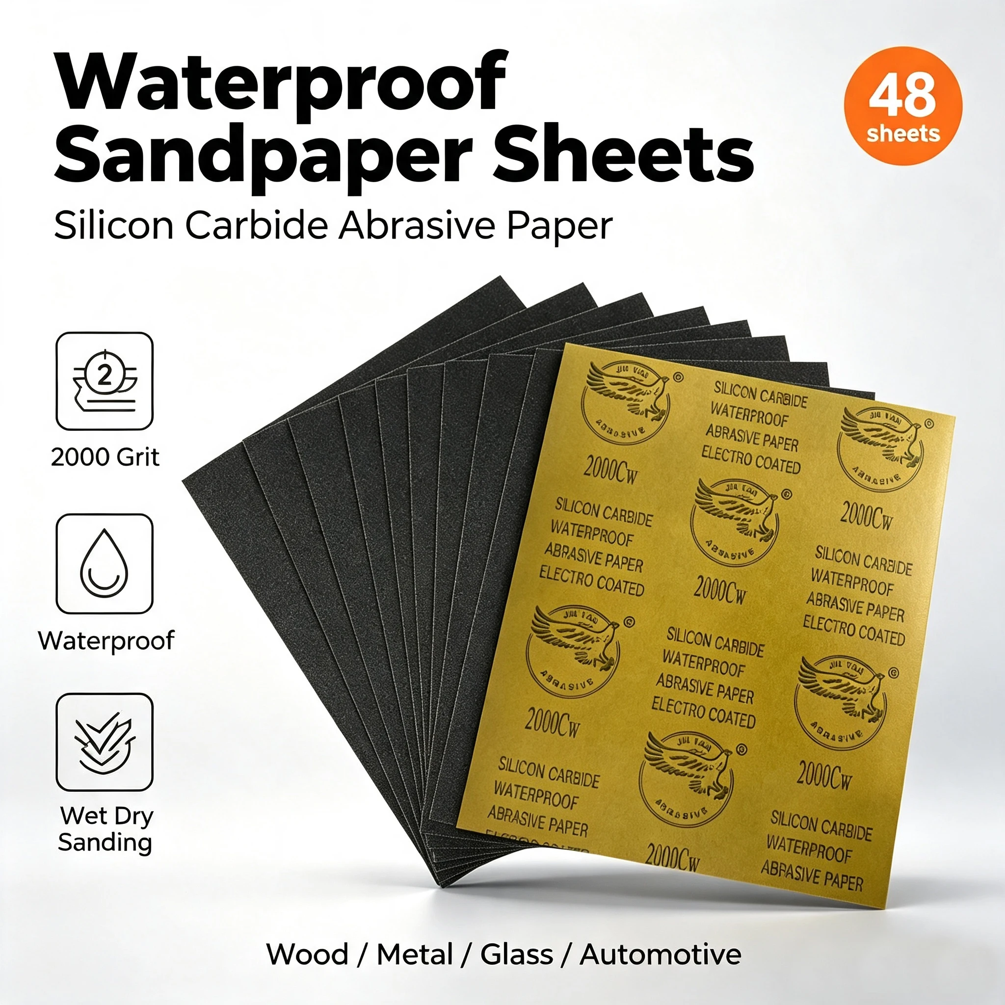 48 Sheets Waterproof Sandpaper 60-2000 Grit Wet Dry Silicon Carbide Sanding Sheets for Car Metal Wood Polishing Grinding