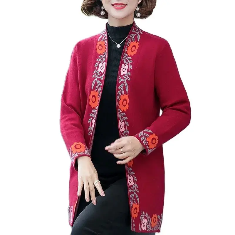 

Mom's Autumn Coat Shawl Knitted Sweater Middle-Aged and Elderly Women's Mid-Length Spring and Autumn Thin Wool Sweater Cardigan