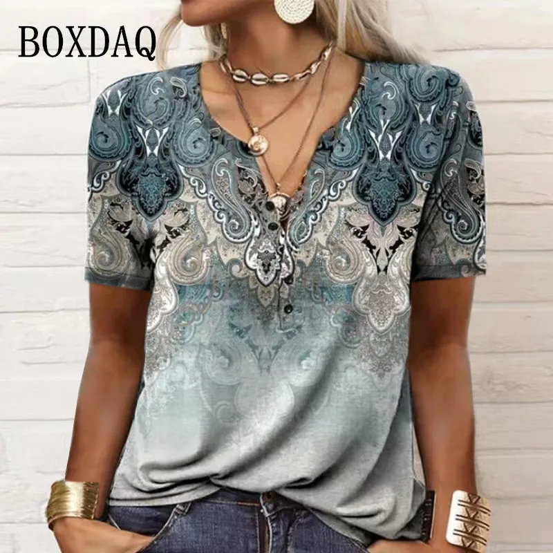 Button V-Neck Women Blouses Fashion Graphic Print Shirts Summer Short Sleeve Tops Oversized Blouse Harajuku Female Clothes y2k