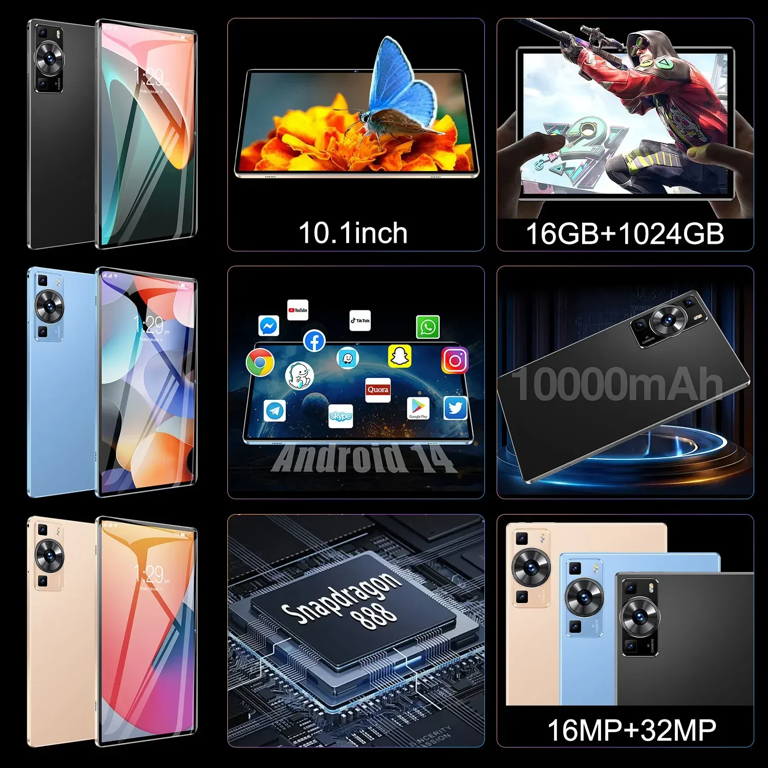 2024 versione globale nuovo Tablet originale P60 Pro Android 14 16GB + 1TB 10.1 pollici Snapdragon 888 5G Dual SIM Card WIFI HD 4K Mi Table