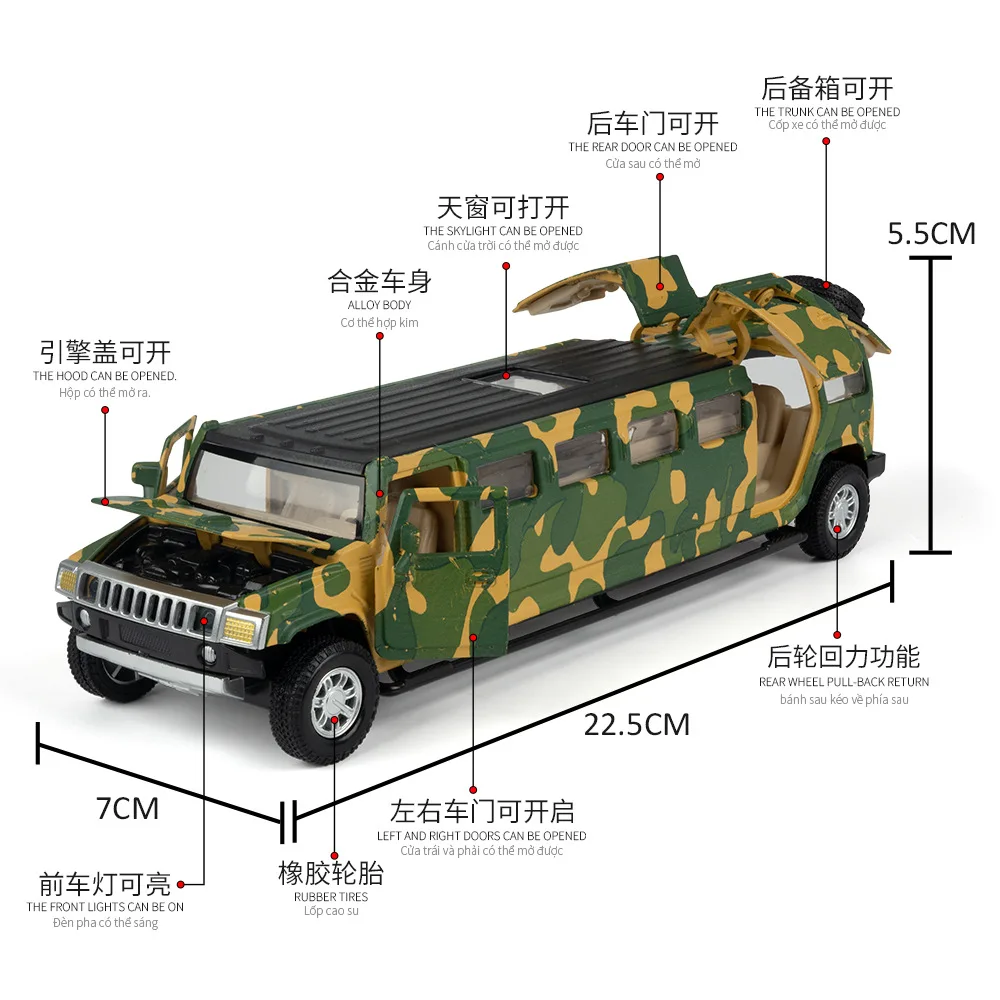 Simulação 1:32 alongado Hanma camuflagem militar liga modelo de carro ornamento brinquedo entrega em lote