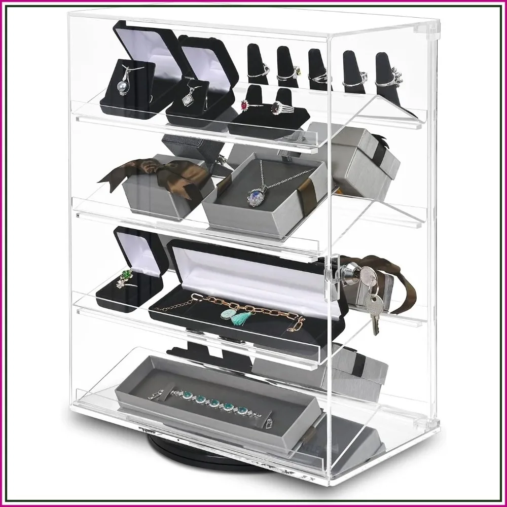 

360° Rotating Acrylic Display Case with 4 Shelves & Lock for Sunglasses, Jewelry, Collectibles