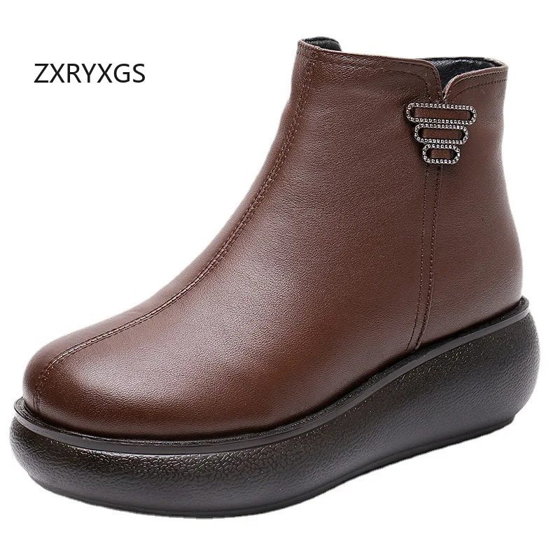 

ZXRYXGS Ботинки премиум-класса из воловьей кожи на одной толстой подошве, ботинки на танкетке, 2022, большие размеры, натуральная кожа, плюшевые/шерстяные ботинки, женские зимние ботинки