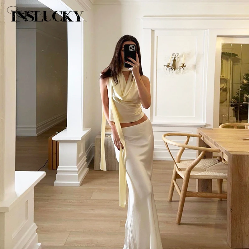 

InsLucky Elegant Satin High Waist Long Skirts Women 2 Piece Set Backless Halter Neck Folds Crop Top Clothing Summer Office Lady