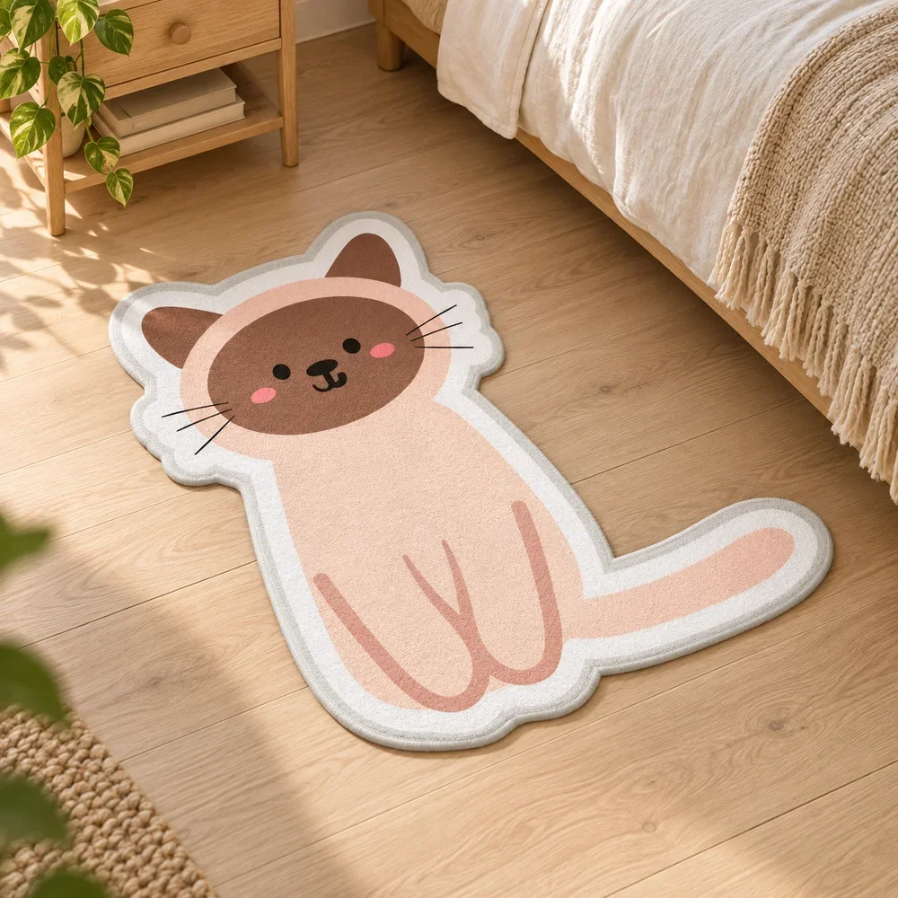 Cute Siamese Cat Shaped Floor Mat, Minimal Cartoon Irregular Area Rug for Bedroom, Living Room, Entryway and Cat Lover Gift