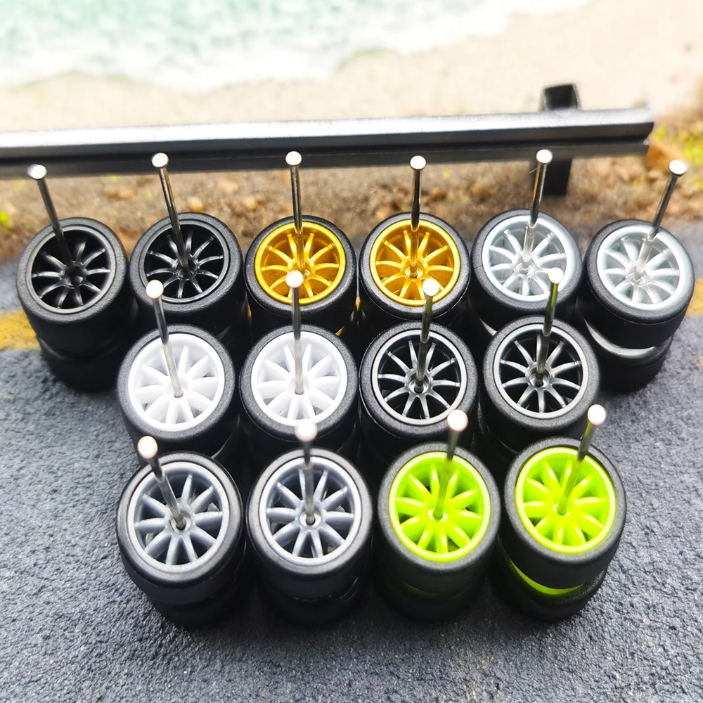 1/64 Wheels with Detachable Slick Rubber Tires Ten Spokes for Toy Model Diecast Cars Refiting Parts for Hotwheels (5 Sets)