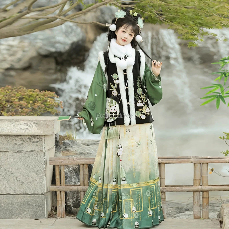 2025 จีนปรับปรุง Ming Dynasty Hanfu สแควร์ PANDA ปักเสื้อกั๊กจีบกระโปรงครึ่งฤดูหนาวหนา Hanfu ชุด b287