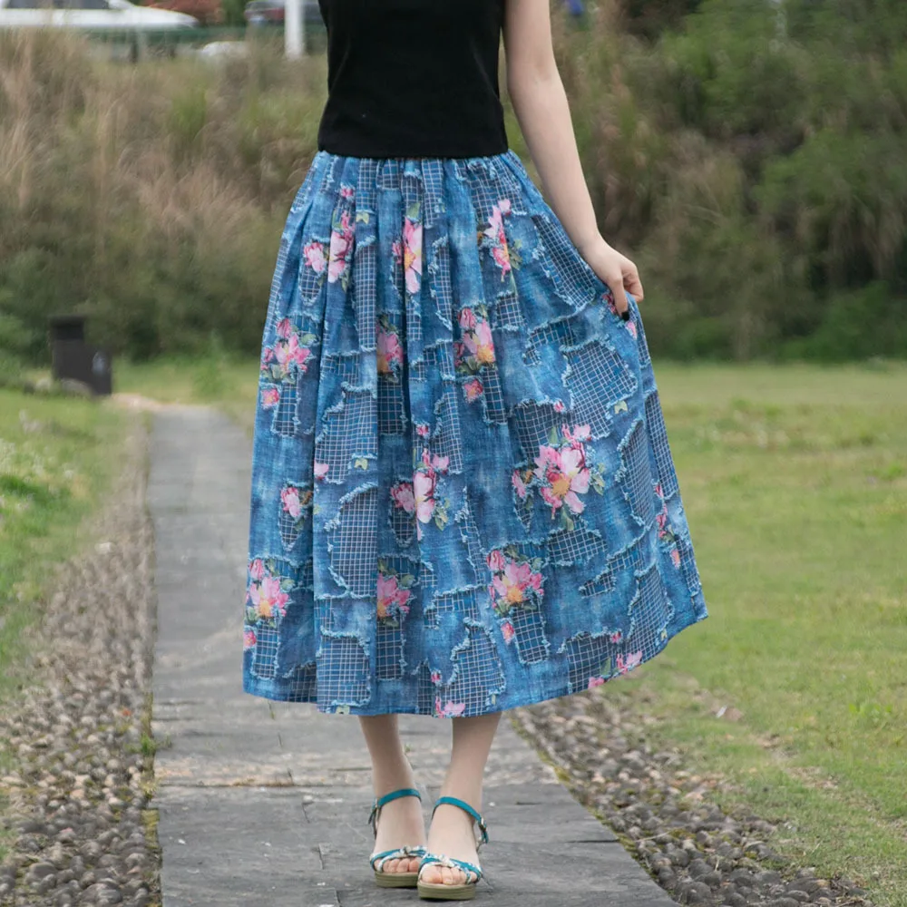 TIYIHAILEY Long Mid-Calf Women Cotton And Linen Printed Skirts Big Hem New Fashion A-line Elastic High Waist 2025 Blue Flowers