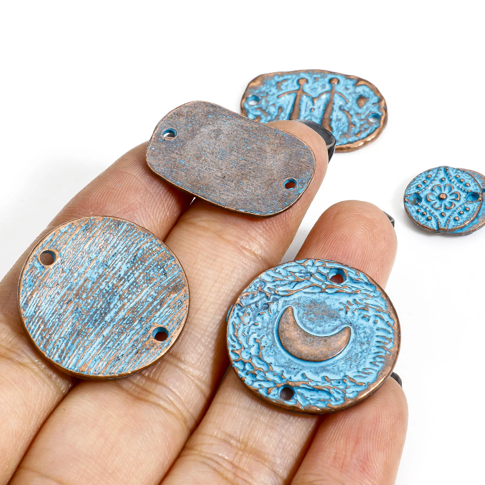 10pcs Bohemian Style Connectors  Antique Copper Blue Patina Geometric Charms Moon Flower Pattern Pendants DIY Necklace Jewelry