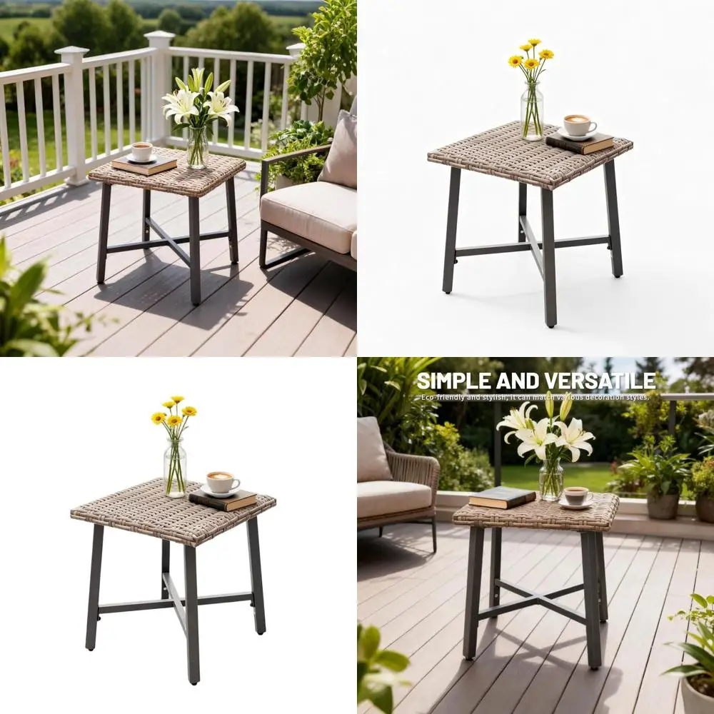 

Compact Square Rattan Outdoor Side Table with Galvanized Steel Frame, Powder-Coated for Patio, Deck, or Living Room, Brown