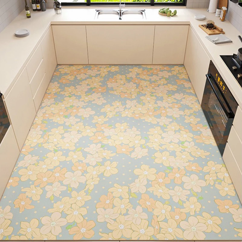 Large Kitchen Carpet Pvc Leather Waterproof Floor Mat Oil-proof Non-slip Foot Mats Flower Pastoral Style Home Decoration Rug