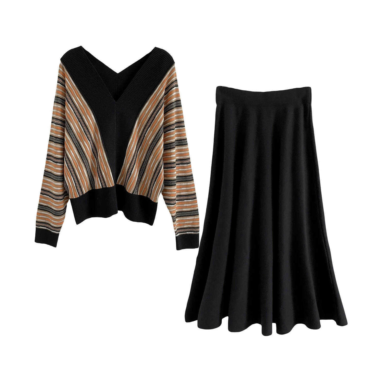 Luxury Fashion Women Autumn Winter Kintting 2 Peice Set V Neck Long Sleeve Striped Pullovers+High Waist A Line Skirts Sets