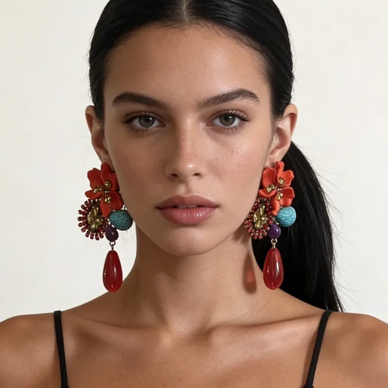 Blumen-Ohrhänger Vintage Statement Boho Türkis-Perlen-Ohrringe Chunky Party-Schmuck für Frauen