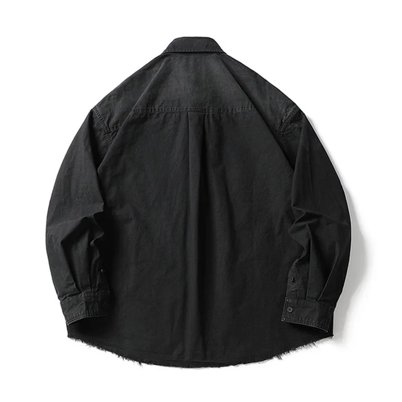 Kemeja Kasual Pria Musim Semi dan Gugur, Model Trendi Jalanan dengan Kerah Tua, Warna Solid Retro, Lengan Panjang Longgar