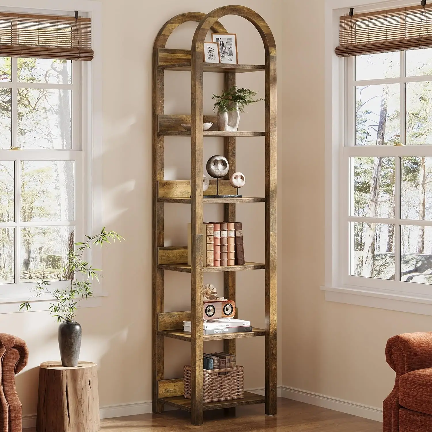 

6-Tier Narrow 71" Arched Bookshelf Open Storage Small Space Living Room Office Kitchen Wood Rustic Brown, Customized