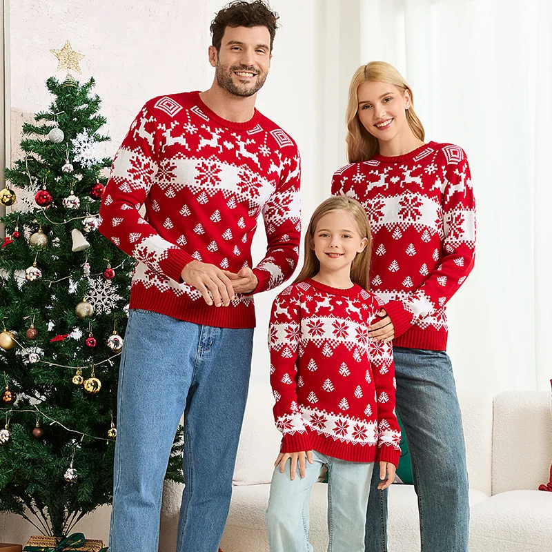 Christmas Family Matching Sweaters Full Sleeve Allover Print Knitwear Casual Soft Knitted Jumpers Adults Kids Pullover Xmas Look