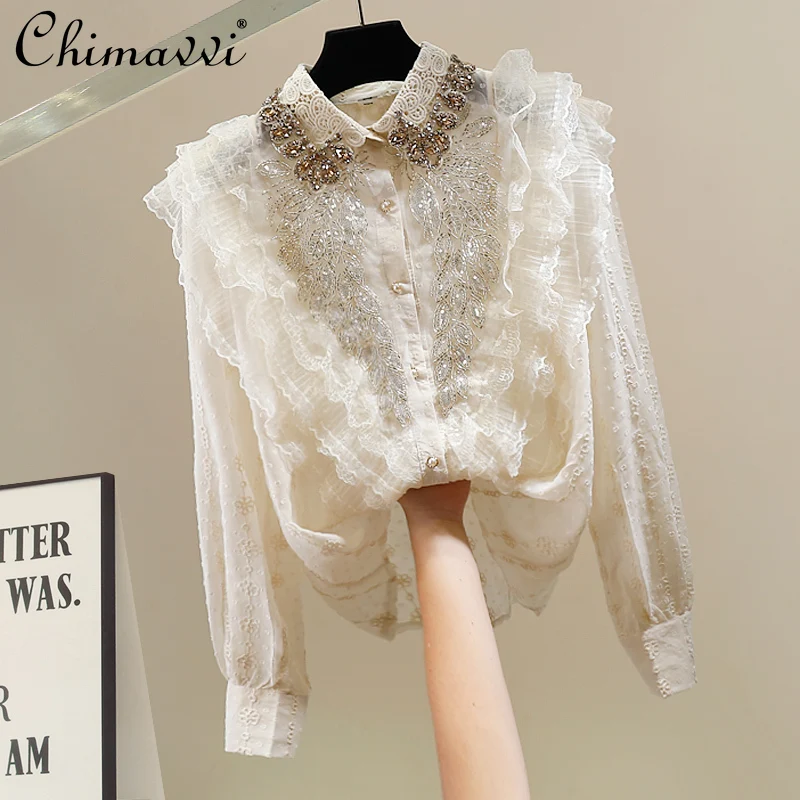 

Fashion Heavy Beaded Diamond Flower Decorative Lotus Leaf Top New 2025 Autumn High-end Long Sleeve Women's Temperament Shirt