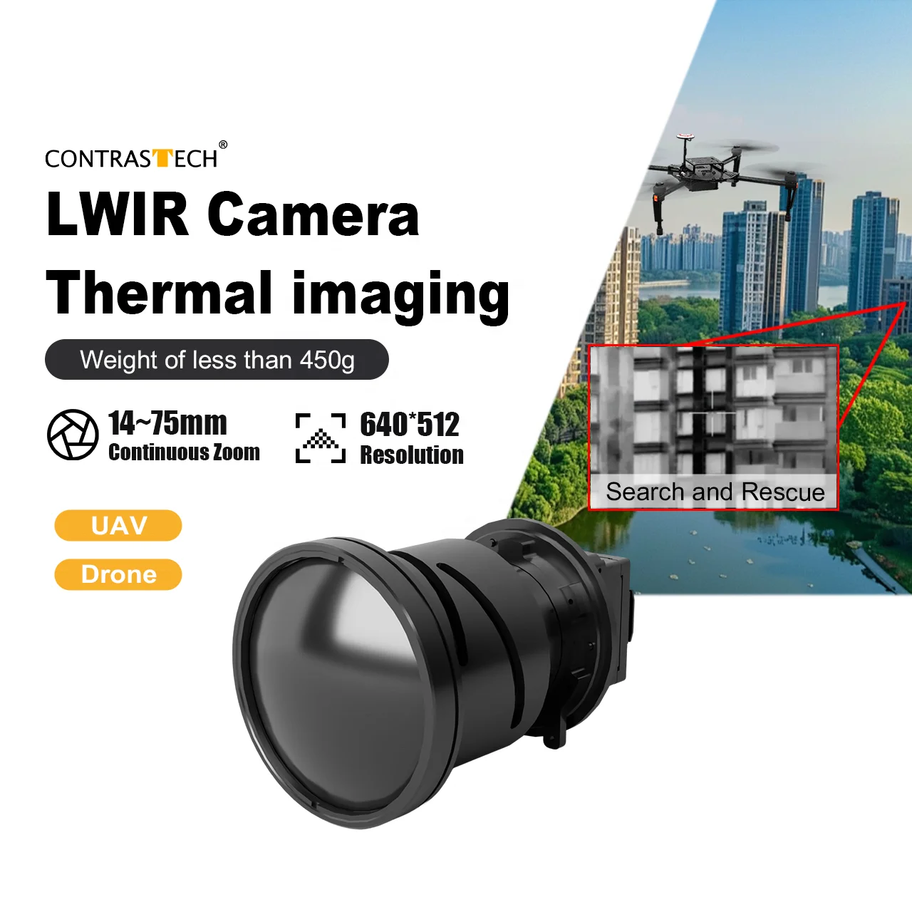 Compact 640x512 Long Distance 5x Continuous Zoom 14-75mm Thermal LWIR  Camera Module for Gimbal Integration CZ 14-75