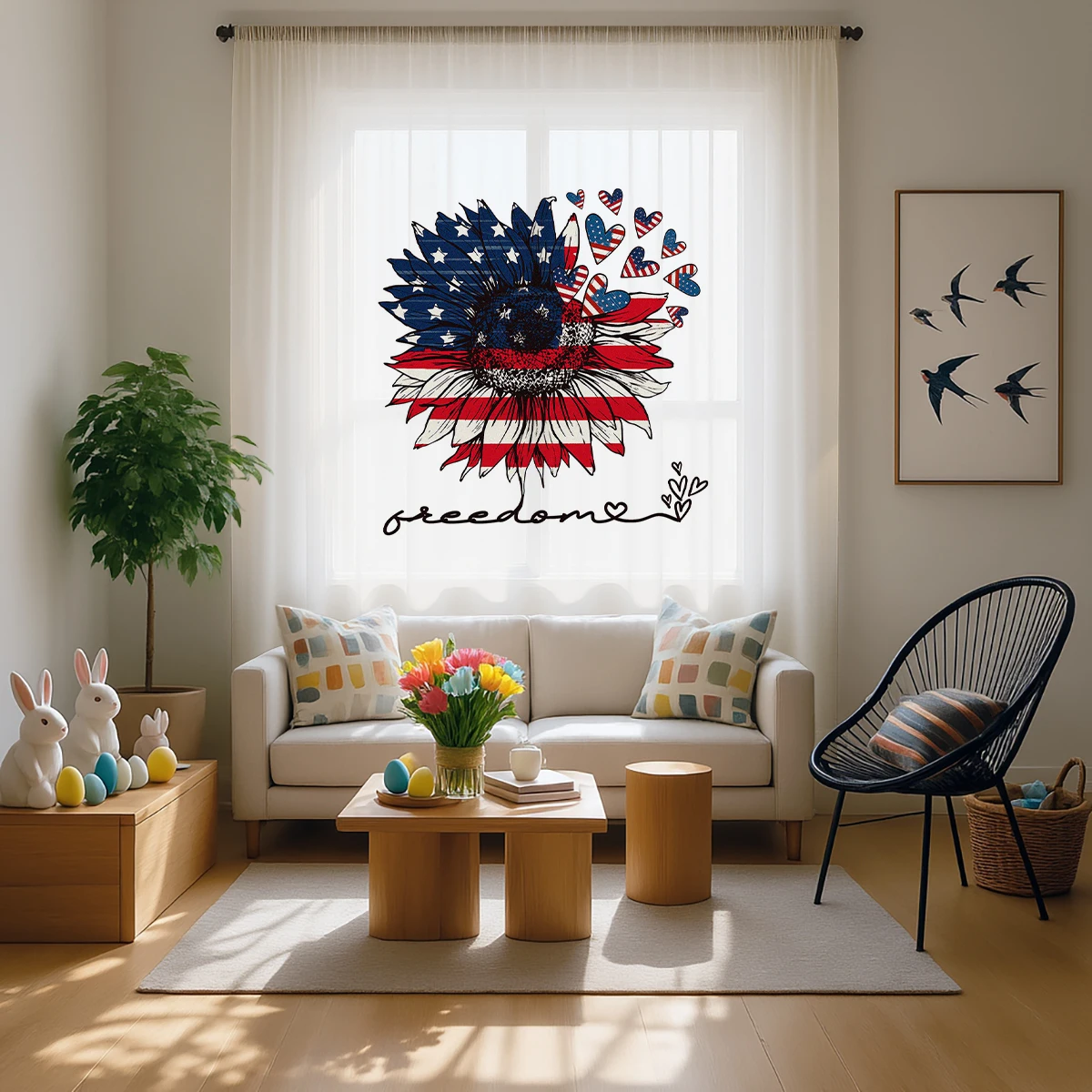 Independence Day Sheer Curtains Light Filtering Window Drapes Rod Pocket Privacy Voile Panels for Living Room Bedroom Kids Room