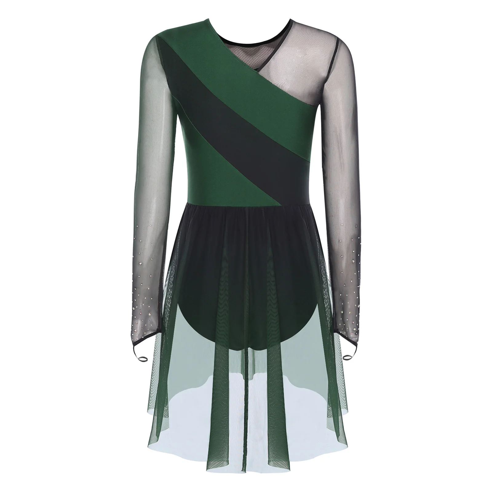 

Womens Gymnastics Figure Skating Dance Leotard Dress Shiny Rhinestones Sheer Mesh Overlay Dress for Lyrical Dance Ballet Dresses