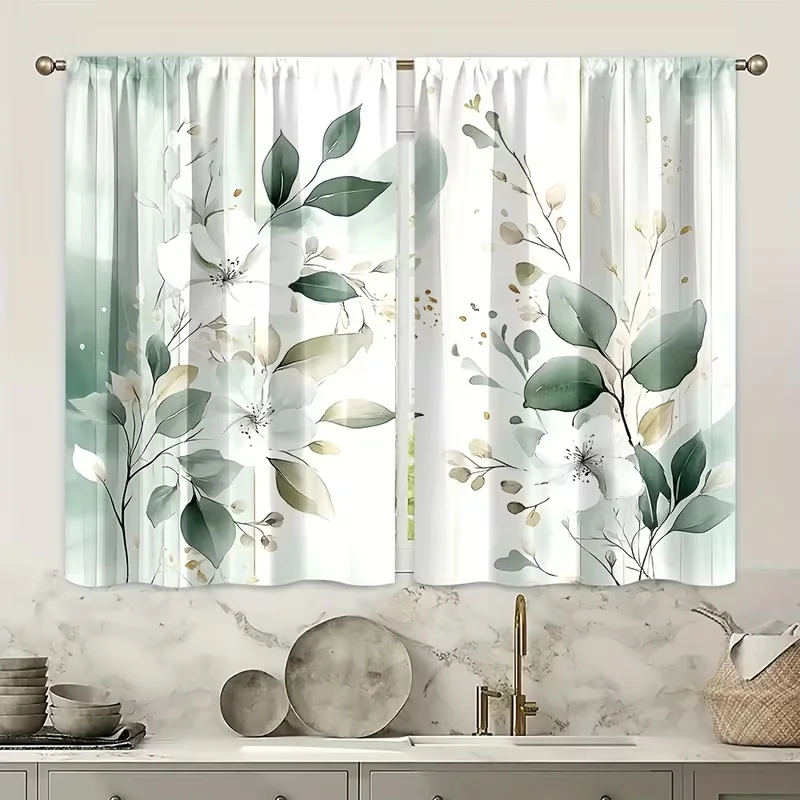 2PC Green White Floral Curtains Watercolor Botanical Print Light Filtering Sheer Drapes Elegant Minimalist Home Decor for Bedroo