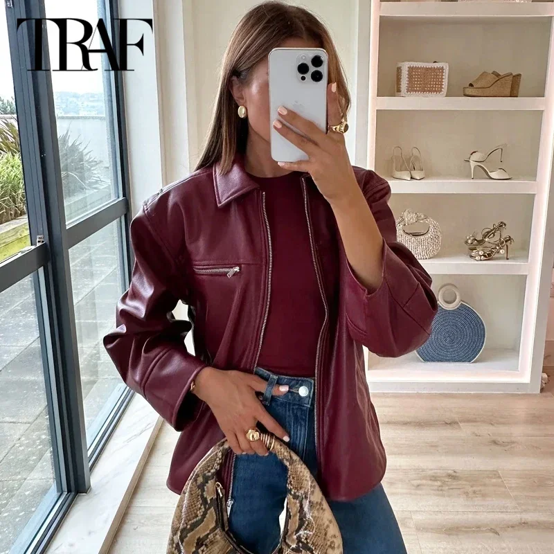 TRAF Women Fashoin Faux Leather Jacket 2024 Women Autumn Winter Long Sleeve Burgundy Jacket New in Outerwears Streetwear Coats