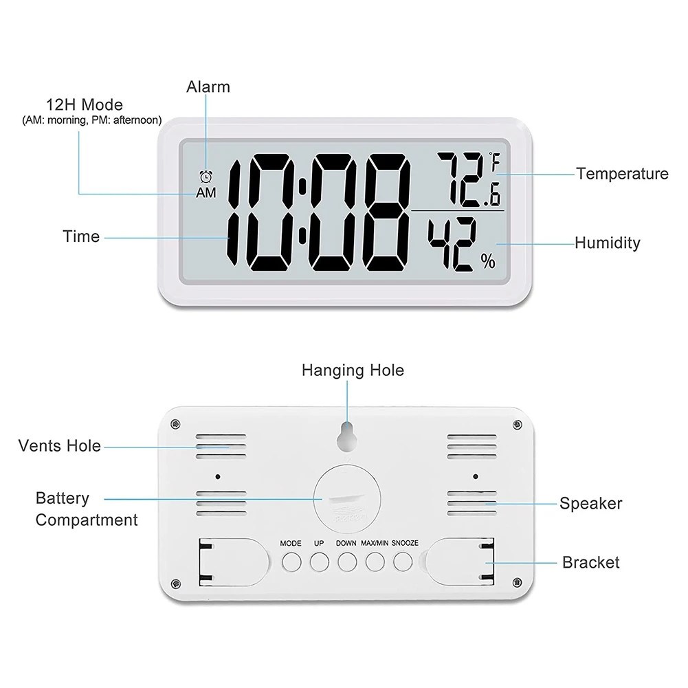 Digital Alarm Clock,Desk Clock,Battery Operated LCD Electronic Clock Decorations for Bedroom Kitchen Office - White