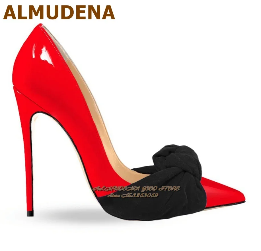 ALMUDENA Luxury Velvet Butterfly-Know Wedding Shoes Red Royal Blue Patent Leather Patchwork Bowtie Embellished Banquet Pumps