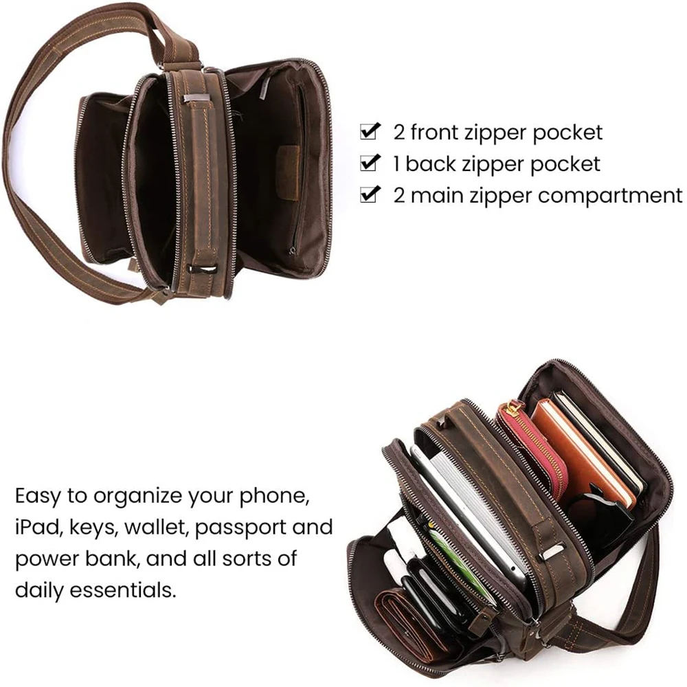 Echte Leder-Umhängetasche für Herren, Casual Herren-Handtasche, Crossbody-Taschen für Arbeit und Business, Vintage Crazy Horse Leder-Schultertasche – Detail 6
